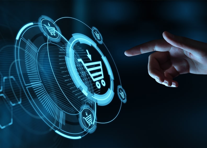 A finger pointing at a holographic interface with icons for technology and data management floating in a dark, blue-toned space