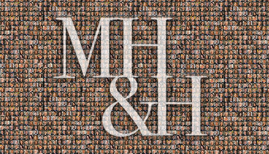 A mosaic of attorneys portraits arranged to display a larger visual pattern with the text MH&H on top.