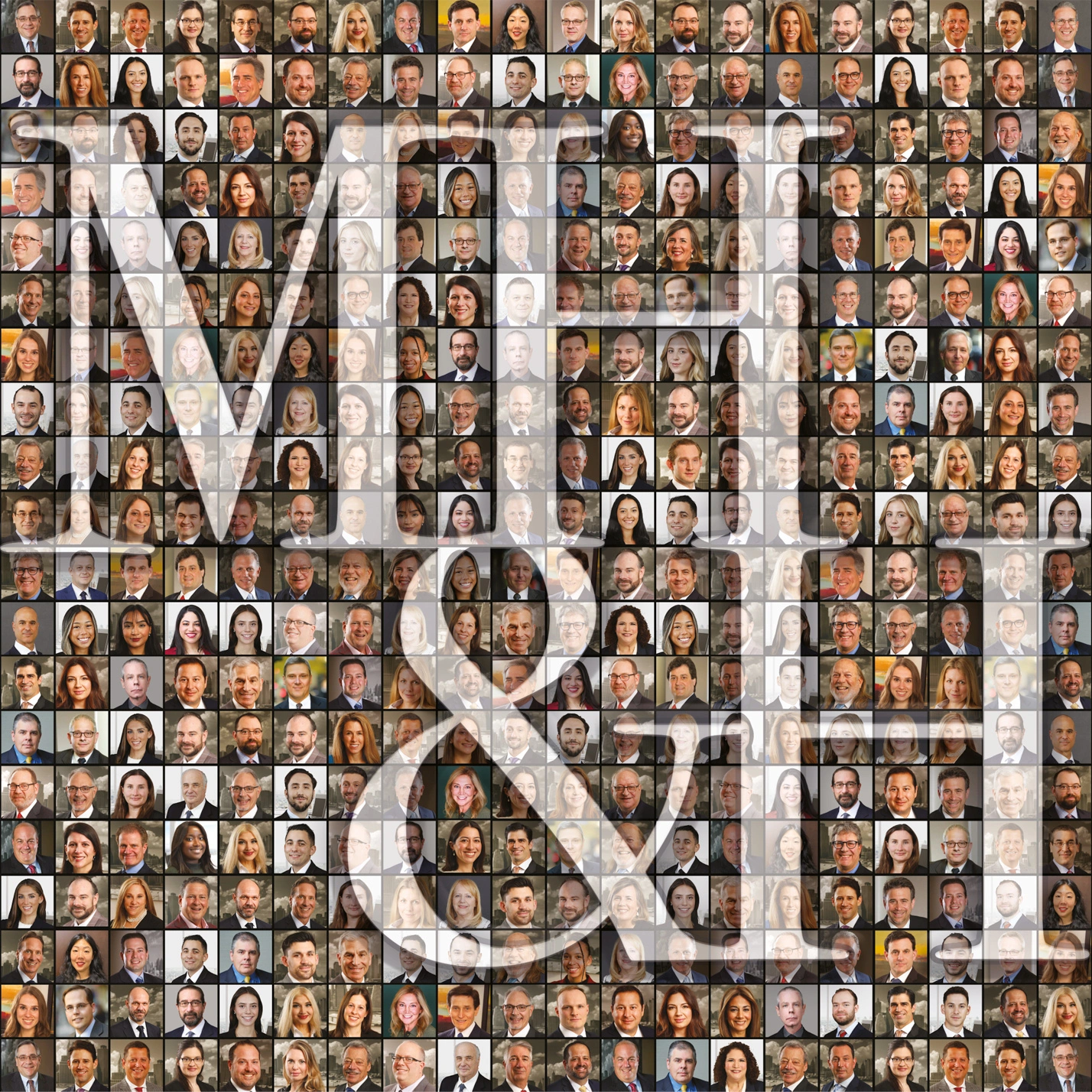 A mosaic of attorneys portraits arranged to display a larger visual pattern with the text MH&H on top.