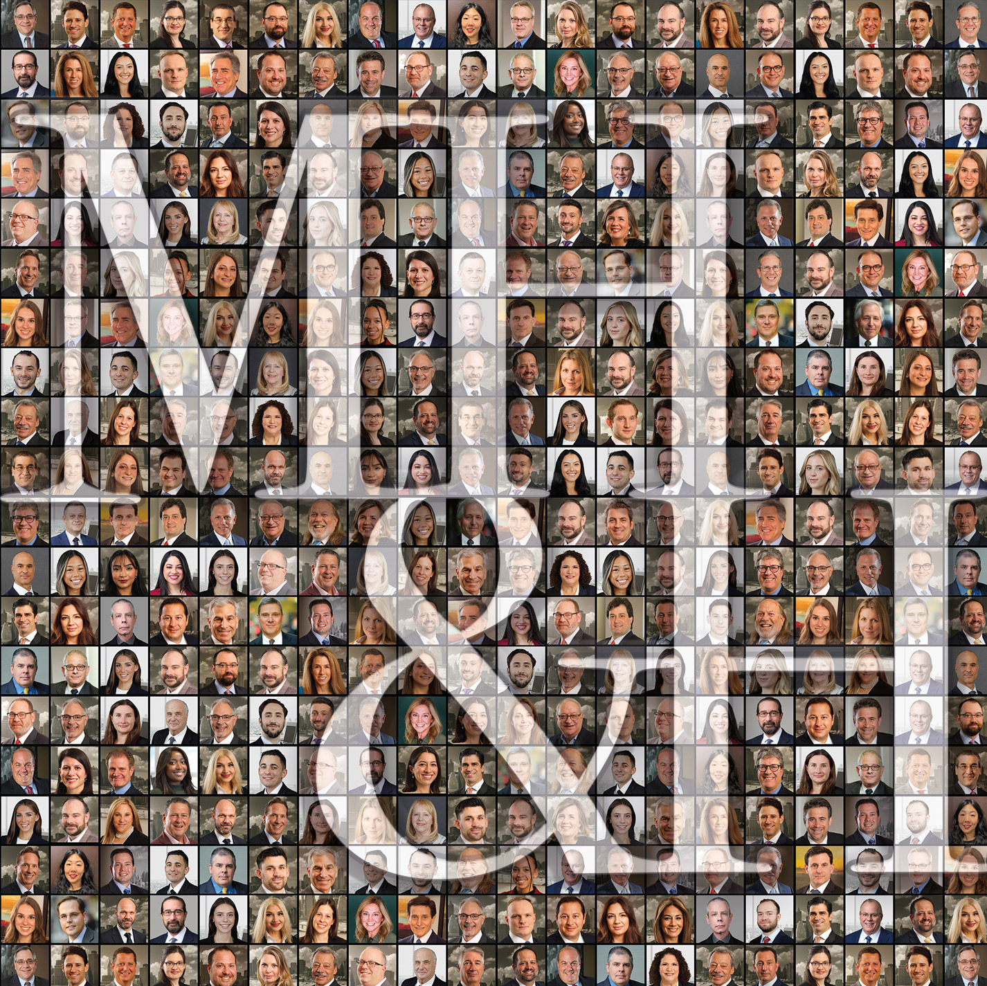 A mosaic of attorneys portraits arranged to display a larger visual pattern with the text MH&H on top.